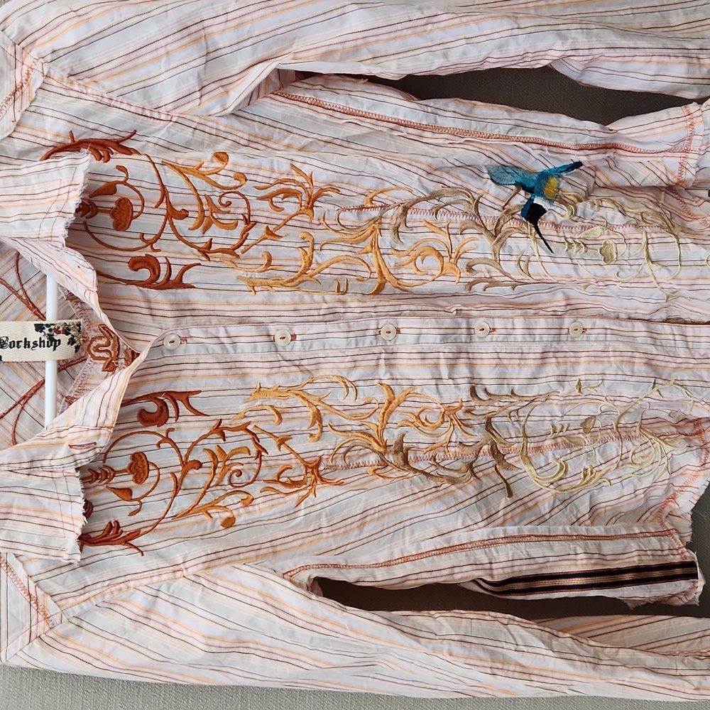 Johnny Was Striped Embroidered Button Down Shirt - Picture 2 of 16